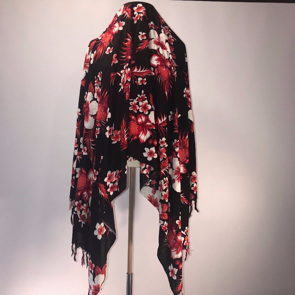 Red and black floral wrap with fringe